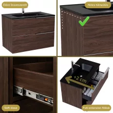 HD Cremona Matt Hazel 80 komplett fürdőszoba bútor szett fali mosdószekrénnyel, fényes króm fogantyúkkal, matt fekete slim mosdóval, tükörrel és magasszekrénnyel