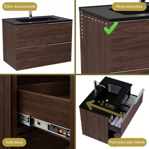 HD Cremona Matt Hazel 80 komplett fürdőszoba bútor szett fali mosdószekrénnyel, fényes króm fogantyúkkal, matt fekete slim mosdóval, tükörrel és magasszekrénnyel