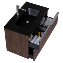 HD Cremona Matt Hazel 80 komplett fürdőszoba bútor szett fali mosdószekrénnyel, szálcsiszolt króm fogantyúkkal, matt fekete slim mosdóval, tükörrel és magasszekrénnyel