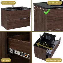 HD Cremona Matt Hazel 80 komplett fürdőszoba bútor szett fali mosdószekrénnyel, szálcsiszolt króm fogantyúkkal, matt fekete slim mosdóval, tükörrel és magasszekrénnyel