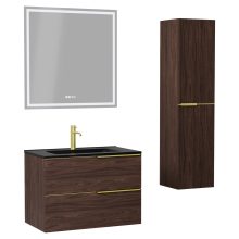 HD Cremona Matt Hazel 80 komplett fürdőszoba bútor szett fali mosdószekrénnyel, szálcsiszolt arany fogantyúkkal, matt fekete slim mosdóval, tükörrel és magasszekrénnyel