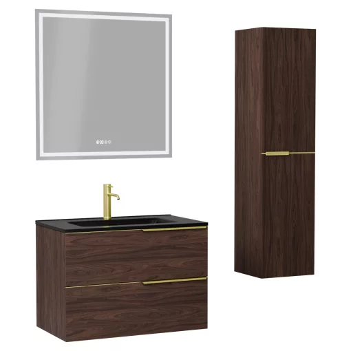 HD Cremona Matt Hazel 80 komplett fürdőszoba bútor szett fali mosdószekrénnyel, szálcsiszolt arany fogantyúkkal, matt fekete slim mosdóval, tükörrel és magasszekrénnyel
