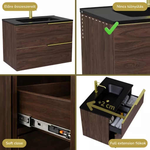 HD Cremona Matt Hazel 80 komplett fürdőszoba bútor szett fali mosdószekrénnyel, szálcsiszolt arany fogantyúkkal, matt fekete slim mosdóval, tükörrel és magasszekrénnyel