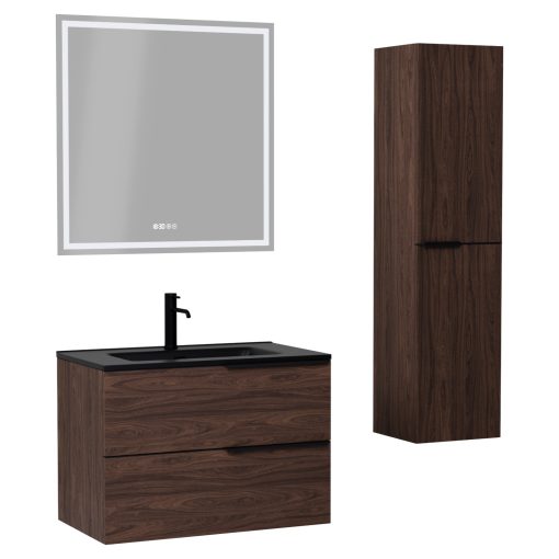 HD Cremona Matt Hazel 80 komplett fürdőszoba bútor szett fali mosdószekrénnyel, matt fekete fogantyúkkal, matt fekete slim mosdóval, tükörrel és magasszekrénnyel