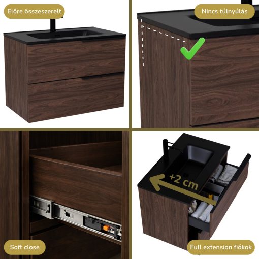 HD Cremona Matt Hazel 80 komplett fürdőszoba bútor szett fali mosdószekrénnyel, matt fekete fogantyúkkal, matt fekete slim mosdóval, tükörrel és magasszekrénnyel