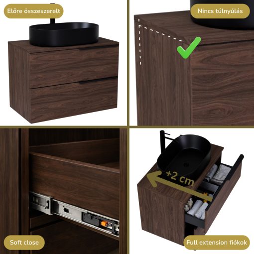 HD Carona Matt Hazel 80 fali mosdószekrény mogyoró színű mosdópulttal és matt fekete fogantyúkkal