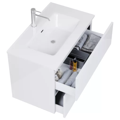 HD Aria Pro Lacquer White 80 fali mosdószekrény, push-to-open mechanizmussal, fényes fehér slim mosdóval