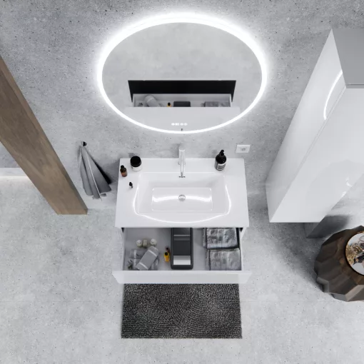HD Aria Pro Lacquer White 80 fali mosdószekrény, push-to-open mechanizmussal, fényes fehér slim mosdóval