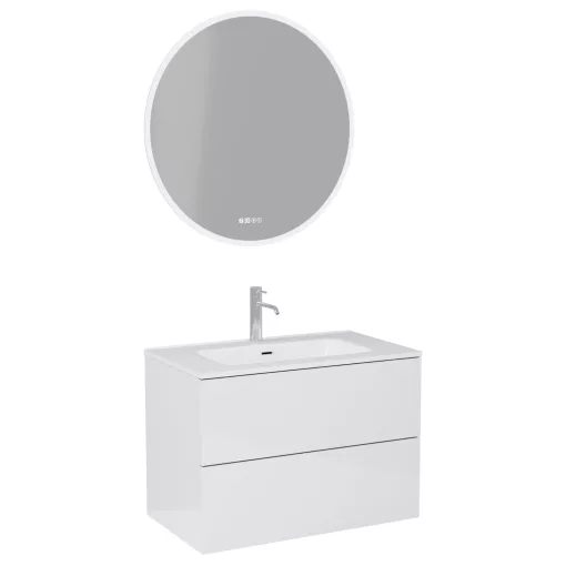 HD Aria Pro Lacquer White 80 komplett fürdőszoba bútor fali push-to-open mosdószekrénnyel, fényes fehér slim mosdóval és tükörrel