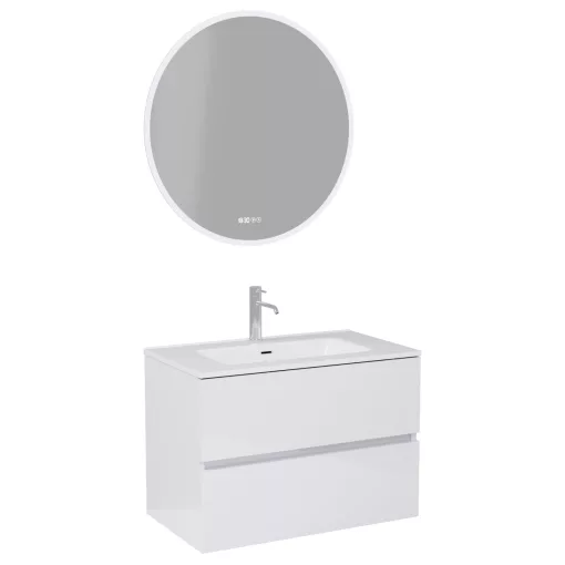 HD Aria Lacquer White 80 komplett fürdőszoba bútor fali mosdószekrénnyel, fényes fehér slim mosdóval és tükörrel