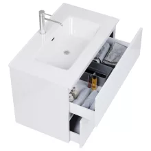 HD Aria Pro Lacquer White 80 komplett fürdőszoba bútor szett fali push-to-open mosdószekrénnyel, fényes fehér slim mosdóval, tükörrel és magasszekrénnyel