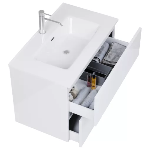 HD Aria Pro Lacquer White 80 komplett fürdőszoba bútor szett fali push-to-open mosdószekrénnyel, fényes fehér slim mosdóval, tükörrel és magasszekrénnyel