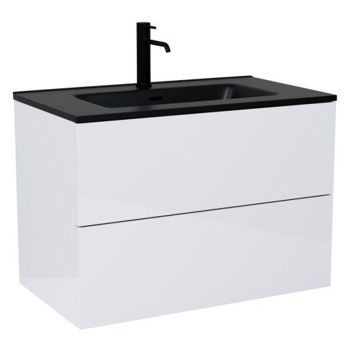 HD Aria Pro Lacquer White 80 fali mosdószekrény, push-to-open mechanizmussal, matt fekete slim mosdóval