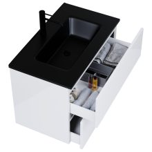 HD Aria Pro Lacquer White 80 fali mosdószekrény, push-to-open mechanizmussal, matt fekete slim mosdóval