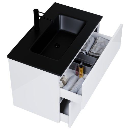 HD Aria Pro Lacquer White 80 fali mosdószekrény, push-to-open mechanizmussal, matt fekete slim mosdóval