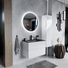 HD Aria Pro Lacquer White 80 fali mosdószekrény, push-to-open mechanizmussal, matt fekete slim mosdóval