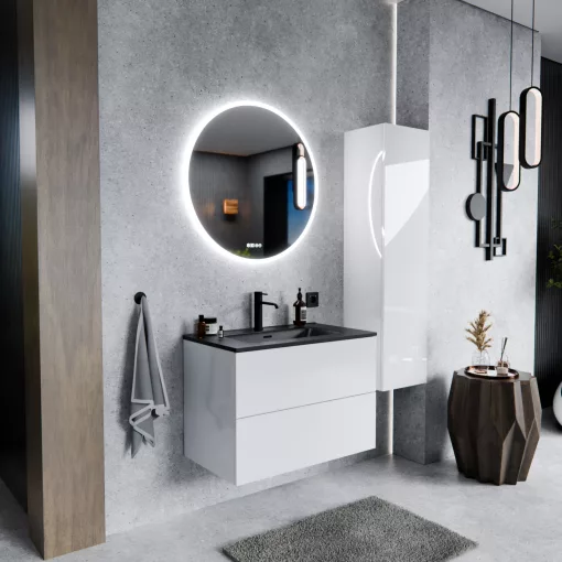 HD Aria Pro Lacquer White 80 fali mosdószekrény, push-to-open mechanizmussal, matt fekete slim mosdóval