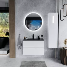 HD Aria Pro Lacquer White 80 fali mosdószekrény, push-to-open mechanizmussal, matt fekete slim mosdóval