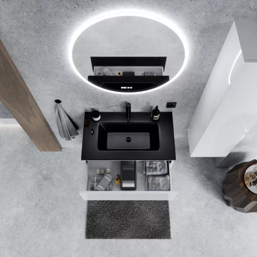 HD Aria Pro Lacquer White 80 fali mosdószekrény, push-to-open mechanizmussal, matt fekete slim mosdóval