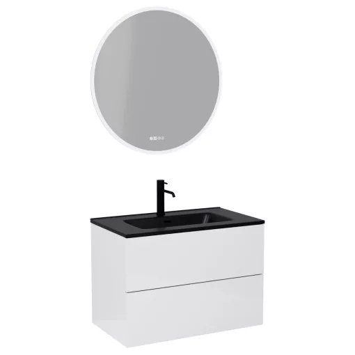 HD Aria Pro Lacquer White 80 komplett fürdőszoba bútor fali push-to-open mosdószekrénnyel, matt fekete slim mosdóval és tükörrel