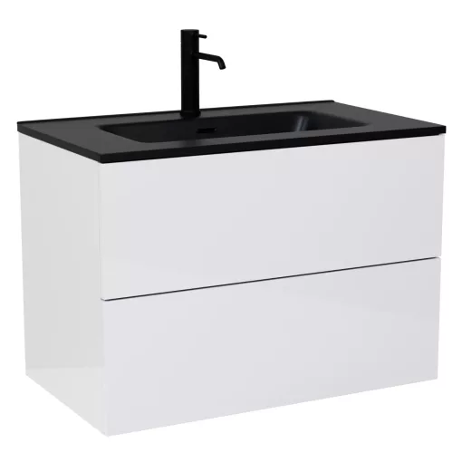 HD Aria Pro Lacquer White 80 komplett fürdőszoba bútor fali push-to-open mosdószekrénnyel, matt fekete slim mosdóval és tükörrel