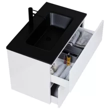 HD Aria Pro Lacquer White 80 komplett fürdőszoba bútor fali push-to-open mosdószekrénnyel, matt fekete slim mosdóval és tükörrel