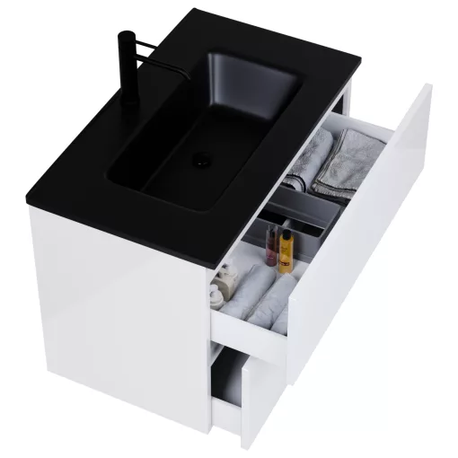 HD Aria Pro Lacquer White 80 komplett fürdőszoba bútor fali push-to-open mosdószekrénnyel, matt fekete slim mosdóval és tükörrel