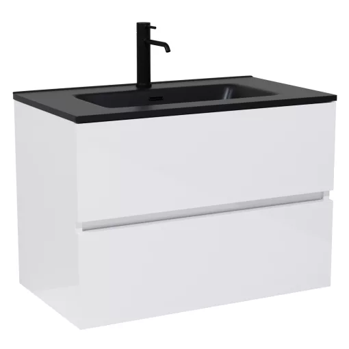 HD Aria Lacquer White 80 komplett fürdőszoba bútor fali mosdószekrénnyel, matt fekete slim mosdóval és tükörrel