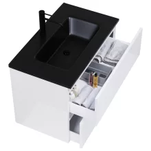 HD Aria Lacquer White 80 komplett fürdőszoba bútor fali mosdószekrénnyel, matt fekete slim mosdóval és tükörrel