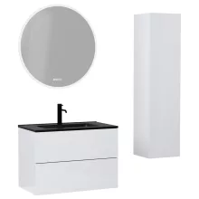 HD Aria Pro Lacquer White 80 komplett fürdőszoba bútor szett fali push-to-open mosdószekrénnyel, matt fekete slim mosdóval, tükörrel és magasszekrénnyel