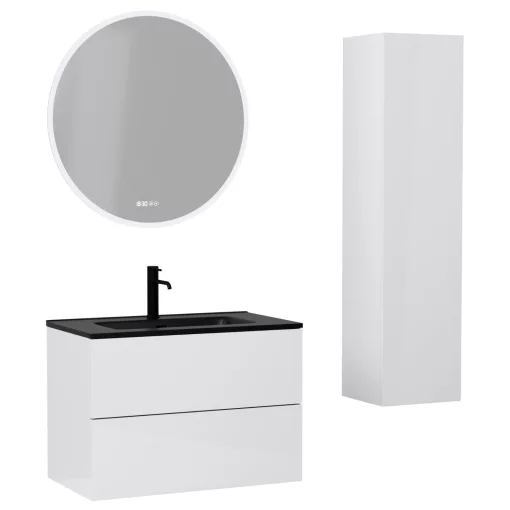 HD Aria Pro Lacquer White 80 komplett fürdőszoba bútor szett fali push-to-open mosdószekrénnyel, matt fekete slim mosdóval, tükörrel és magasszekrénnyel