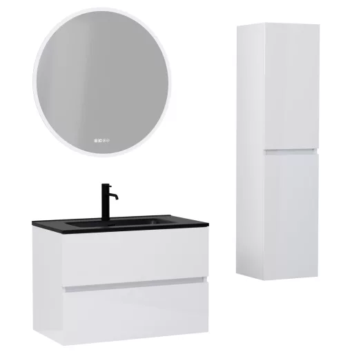 HD Aria Lacquer White 80 komplett fürdőszoba bútor szett fali mosdószekrénnyel, matt fekete slim mosdóval, tükörrel és magasszekrénnyel