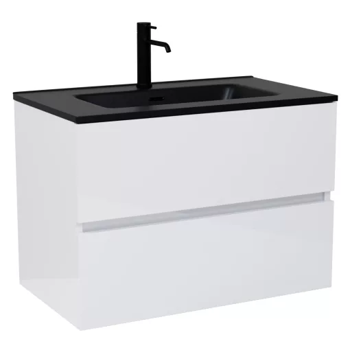 HD Aria Lacquer White 80 komplett fürdőszoba bútor szett fali mosdószekrénnyel, matt fekete slim mosdóval, tükörrel és magasszekrénnyel