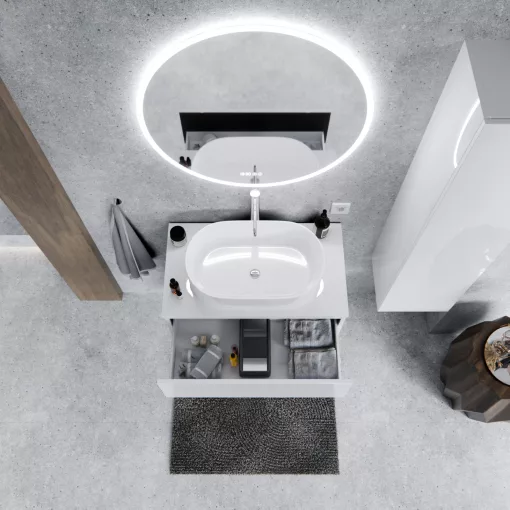 HD Zyra Pro Lacquer White 80 fali mosdószekrény, push-to-open mechanizmussal, fényes fehér mosdópulttal