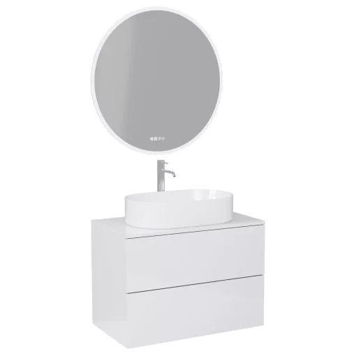 HD Zyra Pro Lacquer White 80 komplett fürdőszoba bútor fali push-to-open mosdószekrénnyel, fényes fehér mosdópulttal és tükörrel