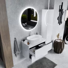 HD Zyra Pro Lacquer White 80 komplett fürdőszoba bútor fali push-to-open mosdószekrénnyel, fényes fehér mosdópulttal és tükörrel