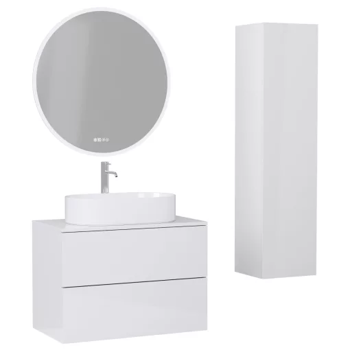 HD Zyra Pro Lacquer White 80 komplett fürdőszoba bútor szett fali push-to-open mosdószekrénnyel, fényes fehér mosdópulttal, tükörrel és magasszekrénnyel