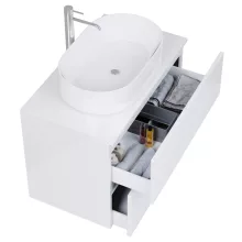 HD Zyra Pro Lacquer White 80 komplett fürdőszoba bútor szett fali push-to-open mosdószekrénnyel, fényes fehér mosdópulttal, tükörrel és magasszekrénnyel