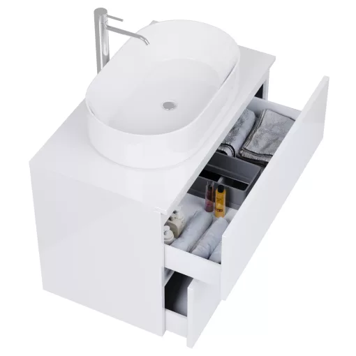 HD Zyra Pro Lacquer White 80 komplett fürdőszoba bútor szett fali push-to-open mosdószekrénnyel, fényes fehér mosdópulttal, tükörrel és magasszekrénnyel