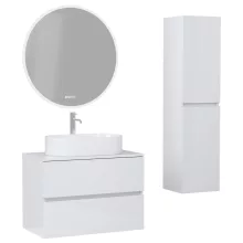 HD Zyra Lacquer White 80 komplett fürdőszoba bútor szett fali mosdószekrénnyel, fényes fehér mosdópulttal, tükörrel és magasszekrénnyel