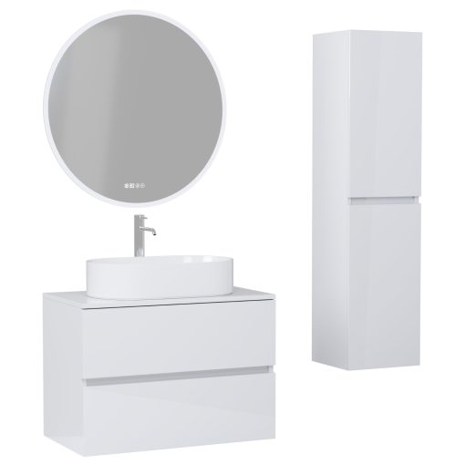 HD Zyra Lacquer White 80 komplett fürdőszoba bútor szett fali mosdószekrénnyel, fényes fehér mosdópulttal, tükörrel és magasszekrénnyel