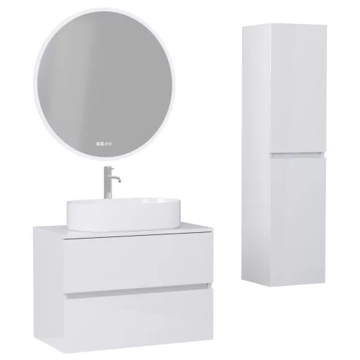 HD Zyra Lacquer White 80 komplett fürdőszoba bútor szett fali mosdószekrénnyel, fényes fehér mosdópulttal, tükörrel és magasszekrénnyel