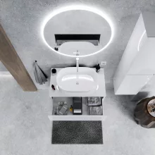 HD Zyra Lacquer White 80 komplett fürdőszoba bútor szett fali mosdószekrénnyel, fényes fehér mosdópulttal, tükörrel és magasszekrénnyel