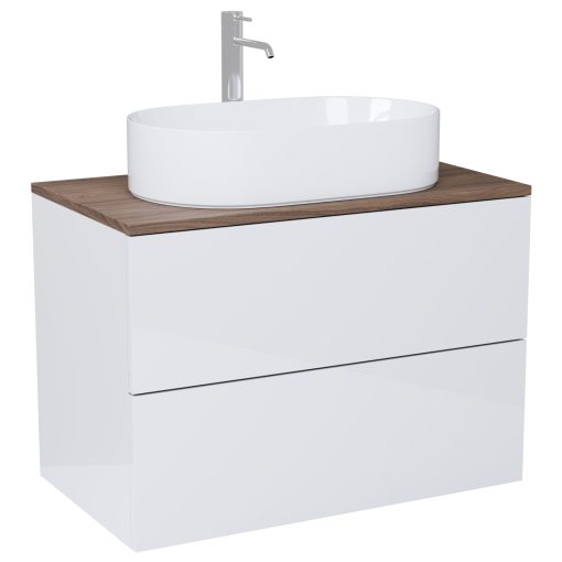 HD Zyra Pro Lacquer White 80 fali mosdószekrény, push-to-open mechanizmussal, tölgyfa színű mosdópulttal