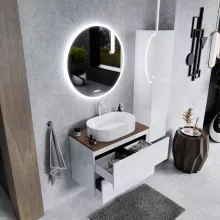 HD Zyra Pro Lacquer White 80 fali mosdószekrény, push-to-open mechanizmussal, tölgyfa színű mosdópulttal