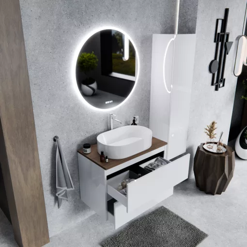 HD Zyra Pro Lacquer White 80 fali mosdószekrény, push-to-open mechanizmussal, tölgyfa színű mosdópulttal