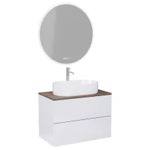 HD Zyra Pro Lacquer White 80 komplett fürdőszoba bútor fali push-to-open mosdószekrénnyel, tölgyfa színű mosdópulttal és tükörrel