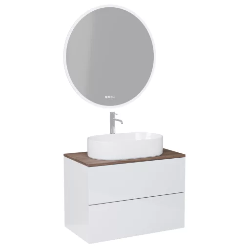 HD Zyra Pro Lacquer White 80 komplett fürdőszoba bútor fali push-to-open mosdószekrénnyel, tölgyfa színű mosdópulttal és tükörrel