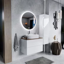 HD Zyra Pro Lacquer White 80 komplett fürdőszoba bútor fali push-to-open mosdószekrénnyel, tölgyfa színű mosdópulttal és tükörrel