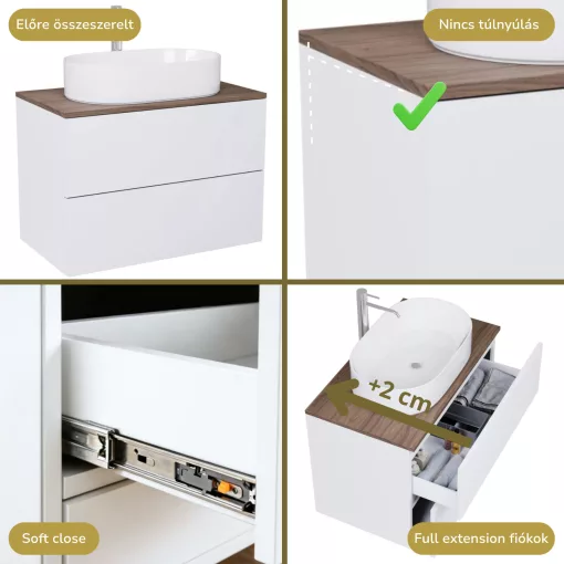 HD Zyra Pro Lacquer White 80 komplett fürdőszoba bútor fali push-to-open mosdószekrénnyel, tölgyfa színű mosdópulttal és tükörrel